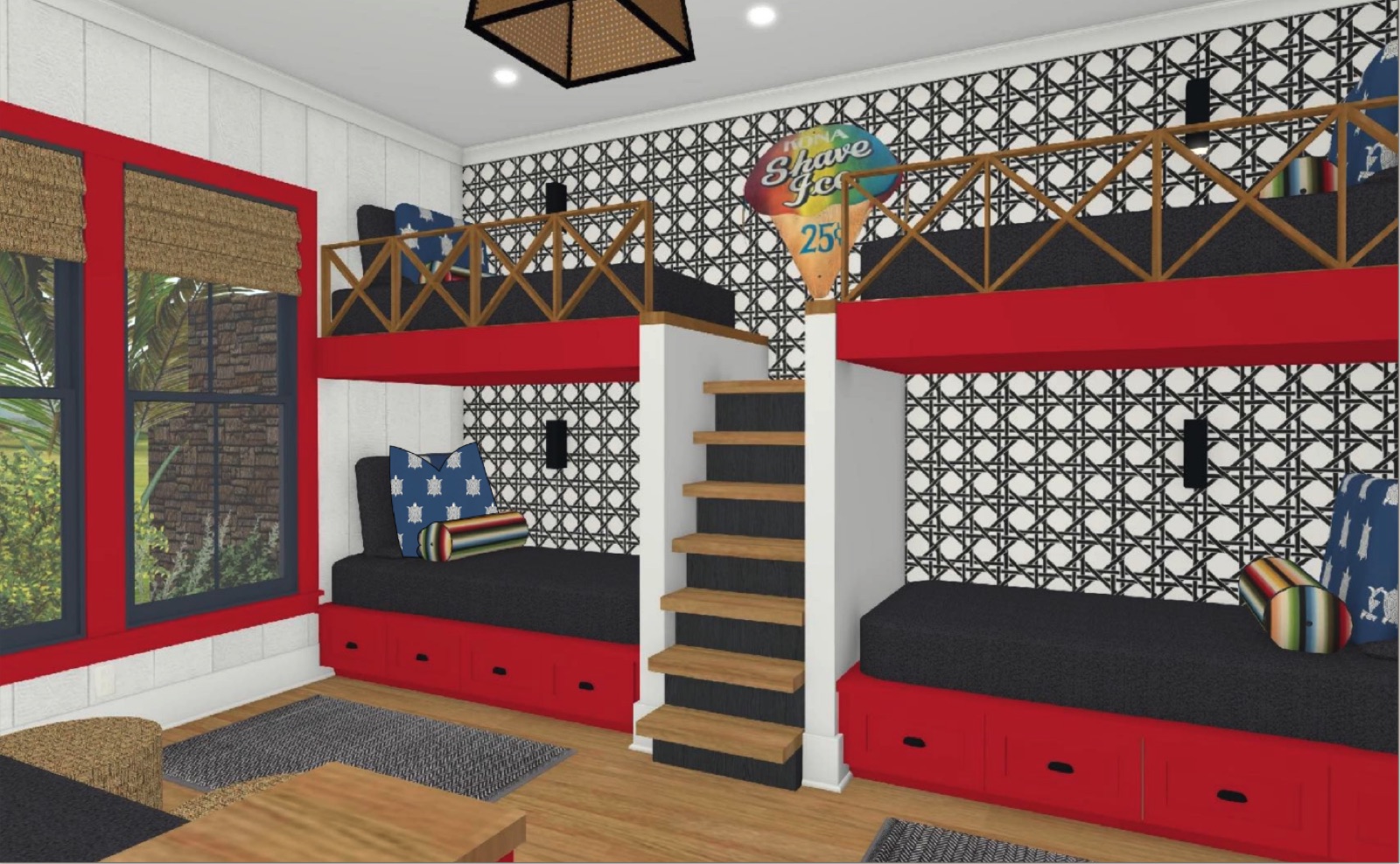 Rendering of the new bunk room: two stacks of red built-in bunk beds with a staircase between them
